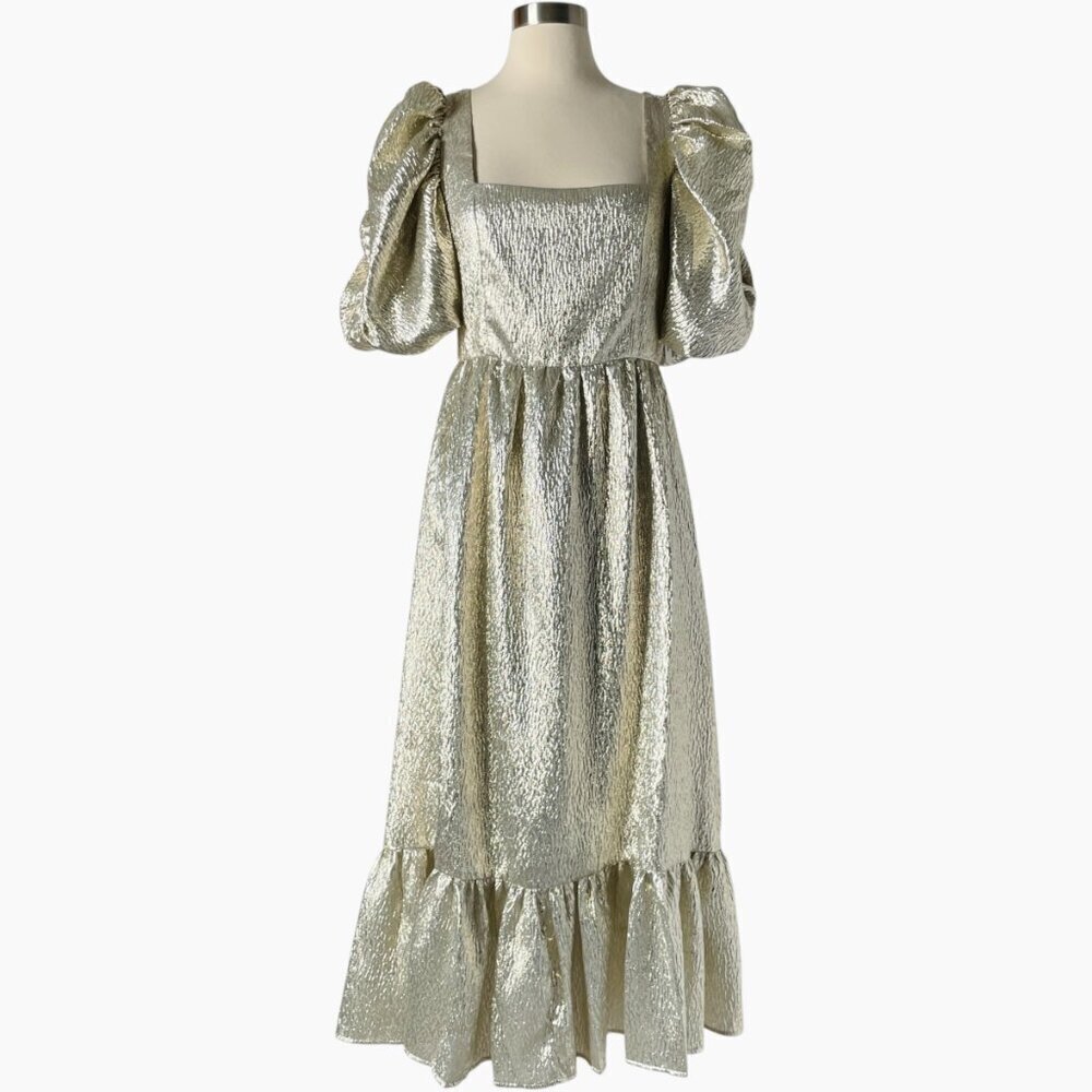 Loeffler Randall Elisa Puff Sleeve Gold Midi Evening Dress Size 4 - Picture 3 of 10